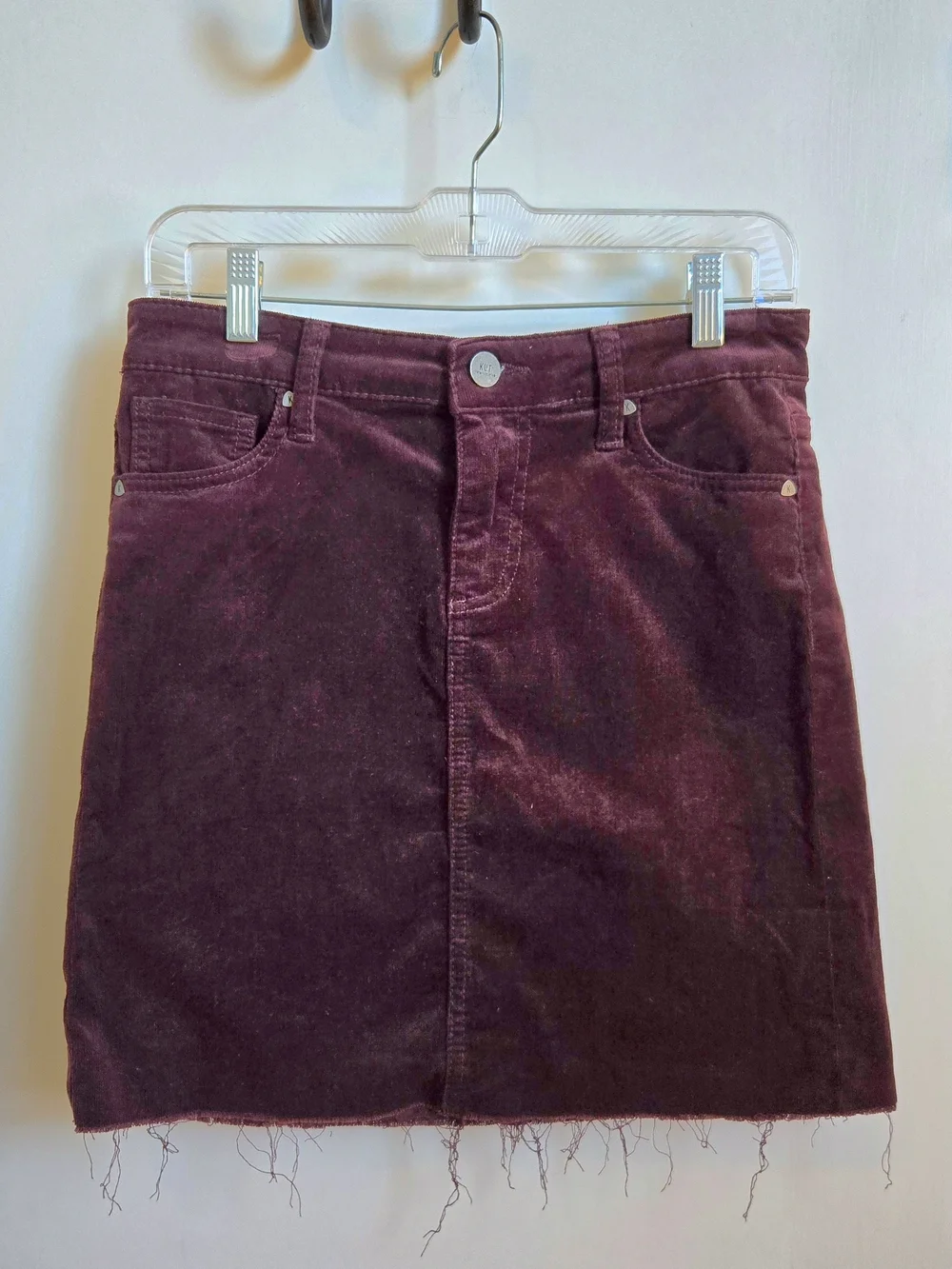 Kut from the Kloth Distressed Hem Corduroy Mini Skirt in Burgundy